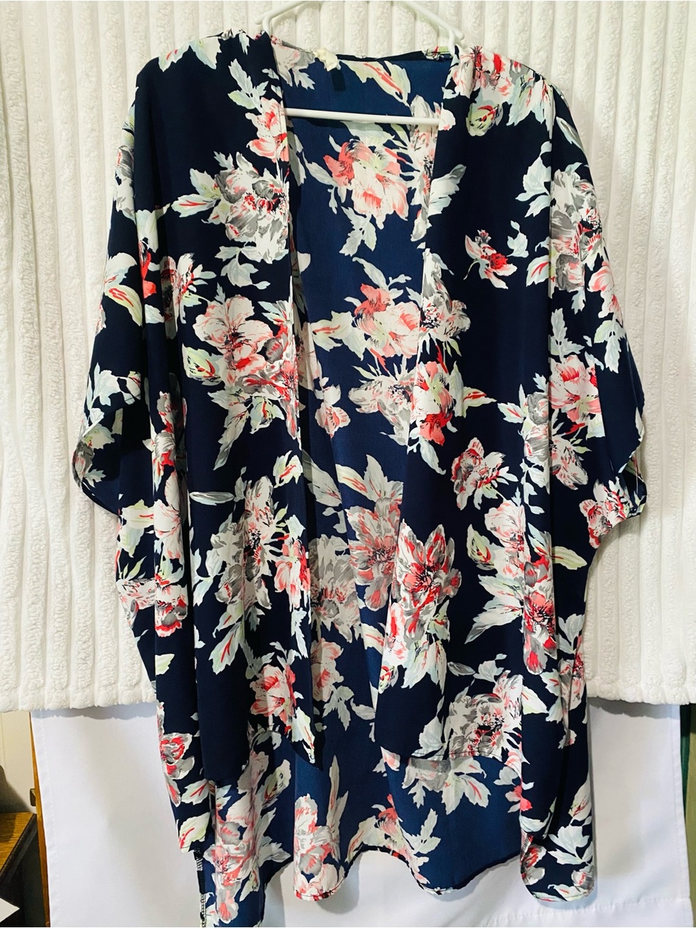 12 Pm By Mon Ami Navy Floral Open-Front Kimono with Pink and Cream Blooms